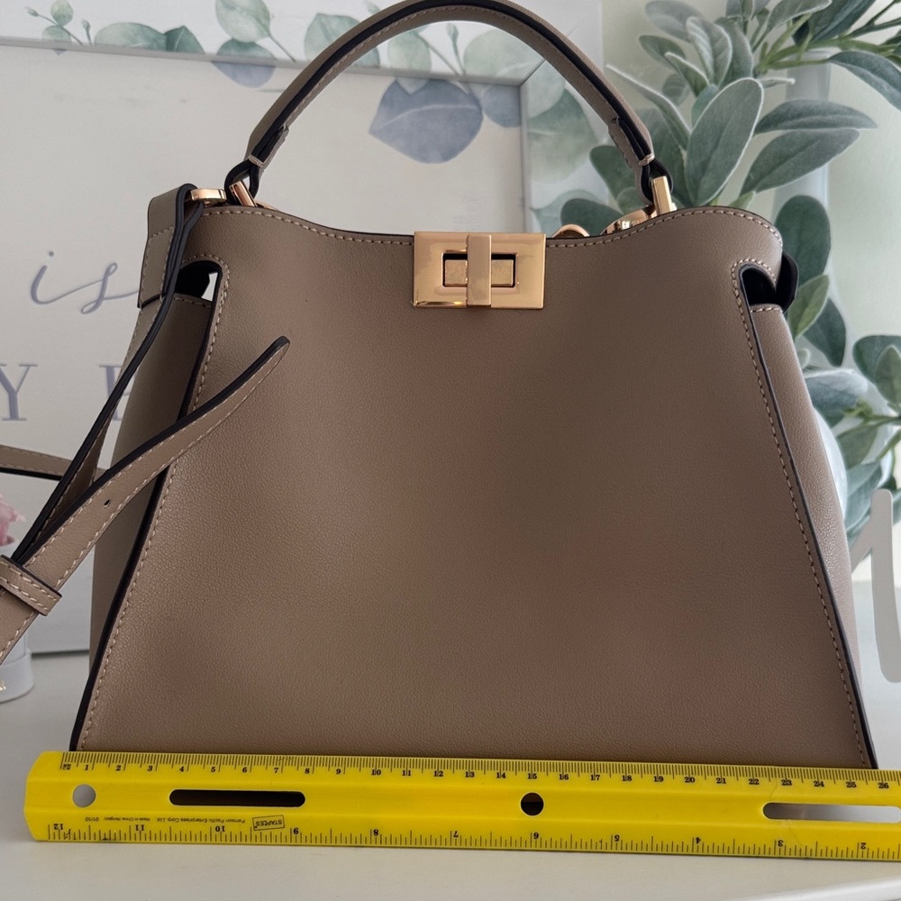 Taupe Structured Top-Handle Satchel with Gold Turn-Lock - Picture 15 of 16